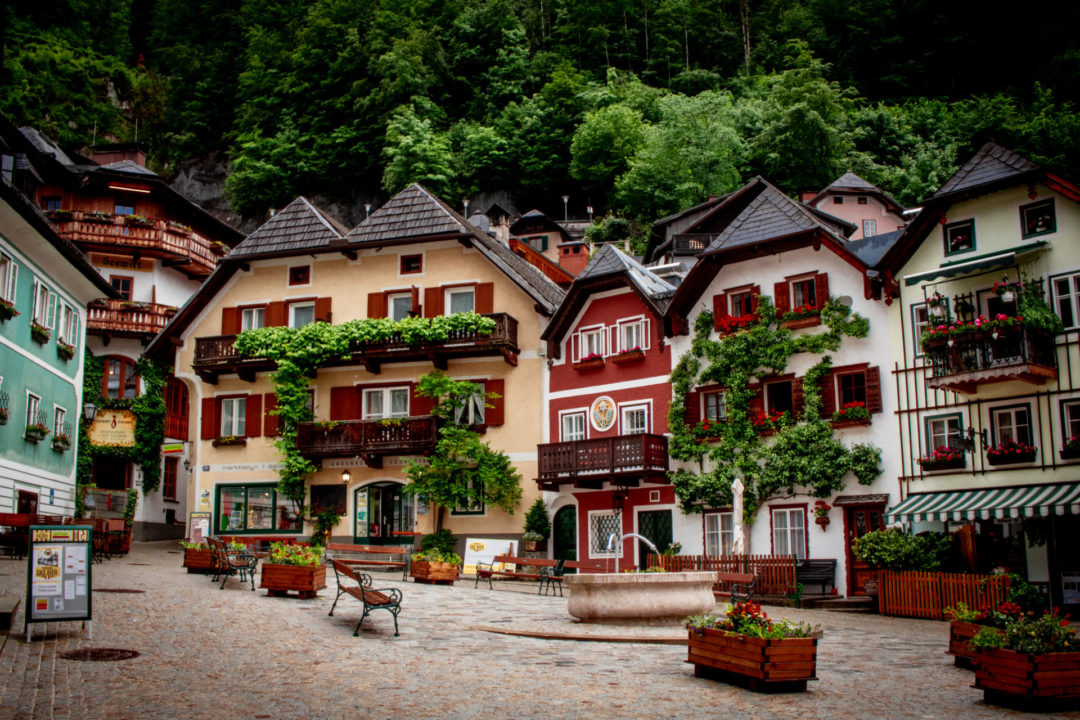A rare crowd-free moment in Hallstatt, Austria's beautiful and colorful main square.