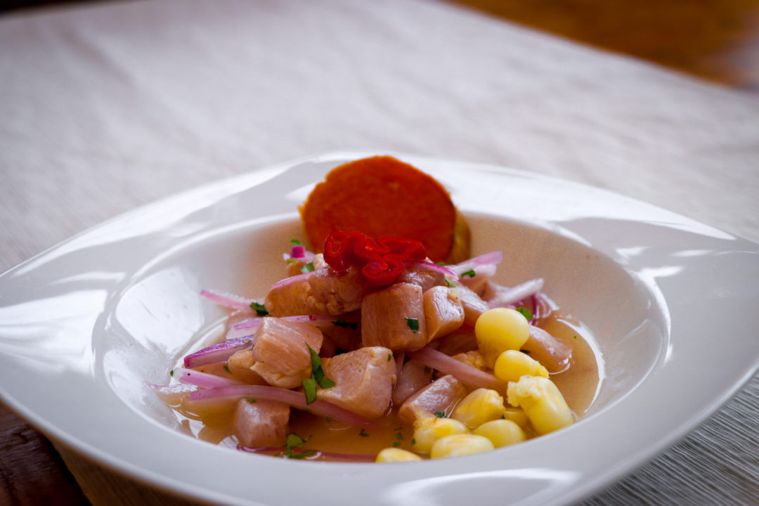 Fresh-made ceviche with red onion, pepper and corn in a white bowl from SkyKitchen Cooking School in Lima, Peru