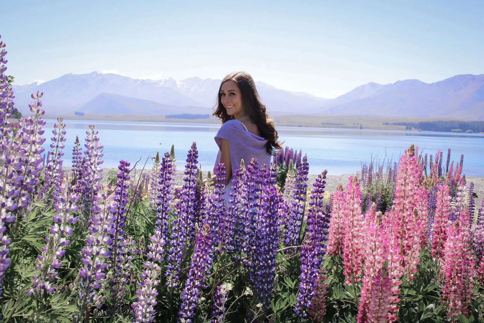 Travel Blogger Jordan Gassner standing in a field of lupins in Tekapo, New Zealand