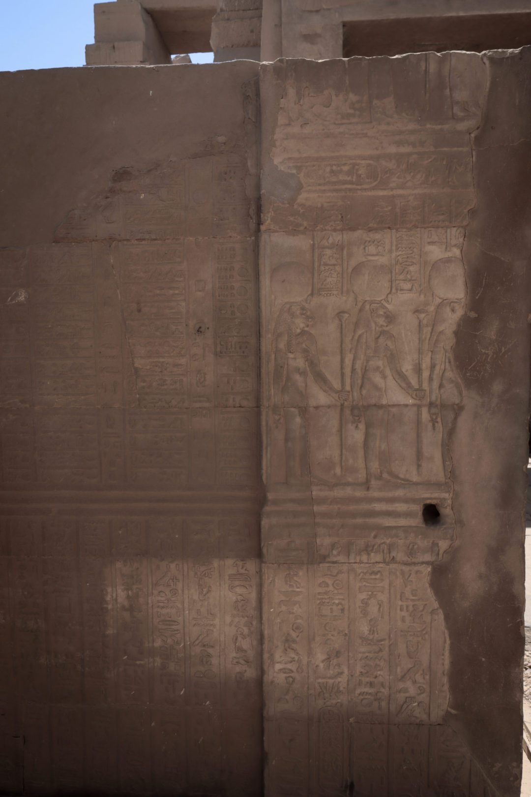 Heiroglyphs on an ancient wall depict the Ancient Egyptian calendar at Kom Ombo Temple in Egypt