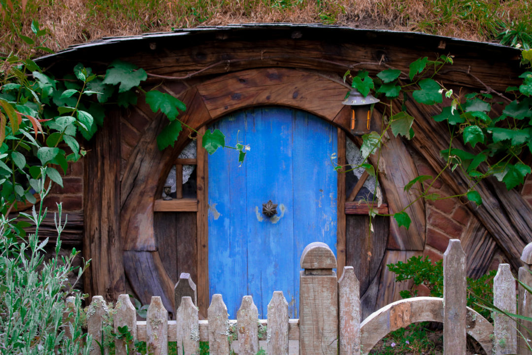 A blue and wooden hobbit hole door at the Hobbiton Movie Set in New Zealand