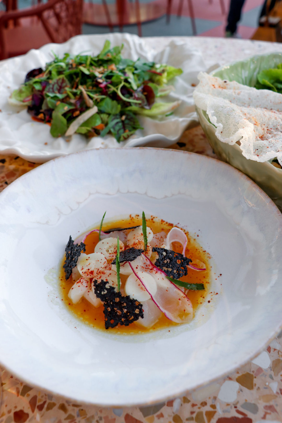 Chilled Peruvian Bay Scallops, Mother Tongue Salad and Shitake Mushroom Larb from Mother Tongue Restaurant