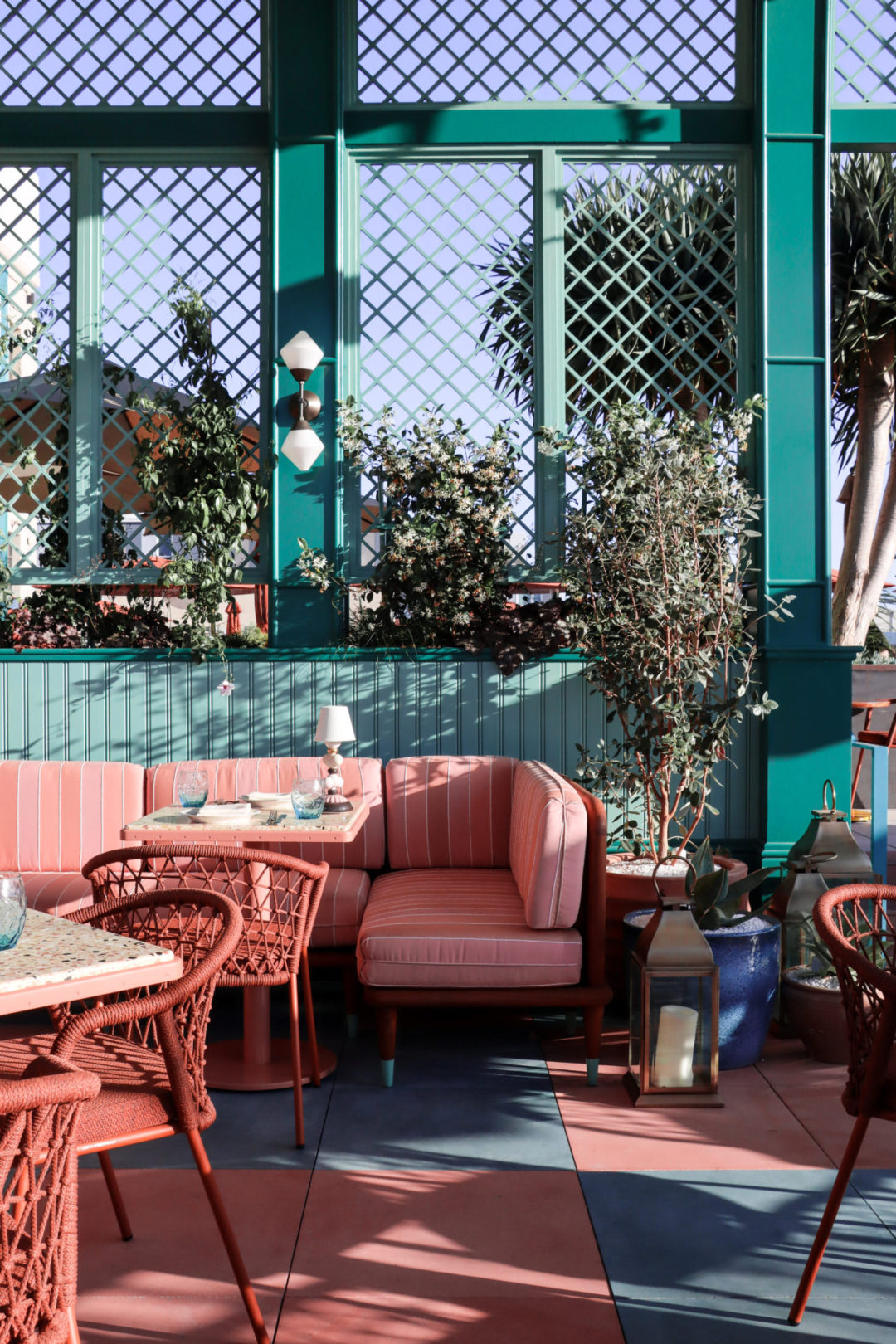 The Pink, Coral and Turquoise Design on Mother Tongue Restaurant's Rooftop Patio in Los Angeles, California