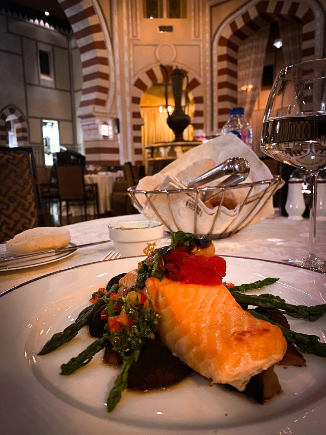 Salmon and Asparagus Dish from the Sofitel Legend Old Cataract's 1902 Restaurant in Aswan, Egypt