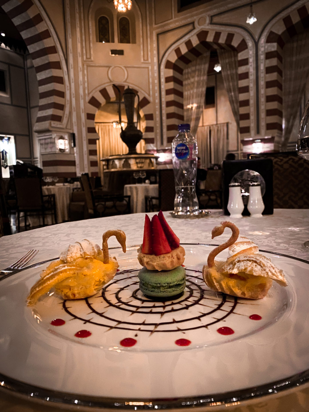 Lemon Meringue Pastry Swans and a Pistachio Macaroon Tower at the Sofitel Legend Old Cataract's 1902 Restaurant