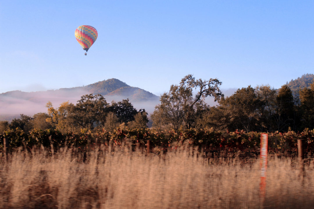 A rainbow hot air balloon floating high above Napa Valley wine country