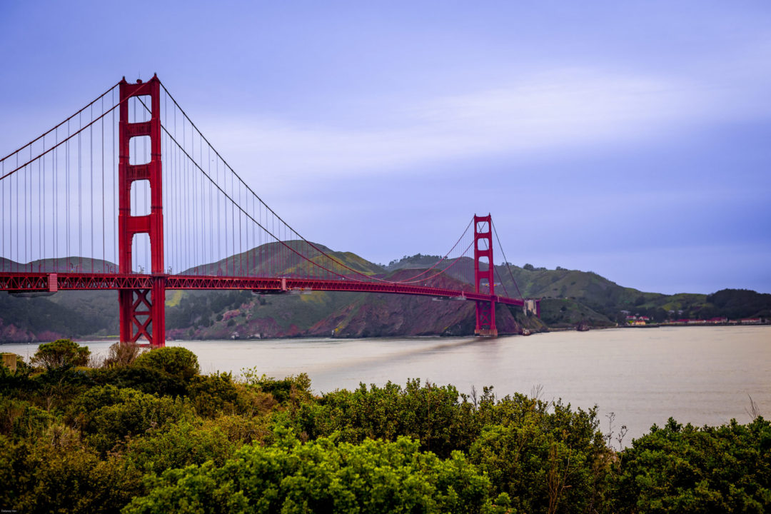 The red Golden Gate Bridge connecting San Francisco to Marin County, California