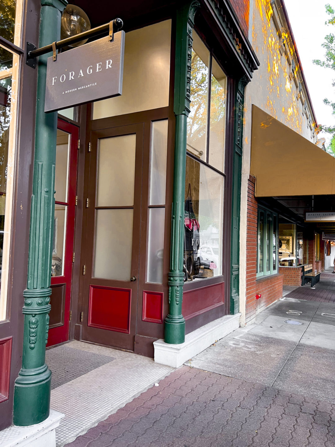 The green, red and brown Forager storefront building in Healdsburg, California