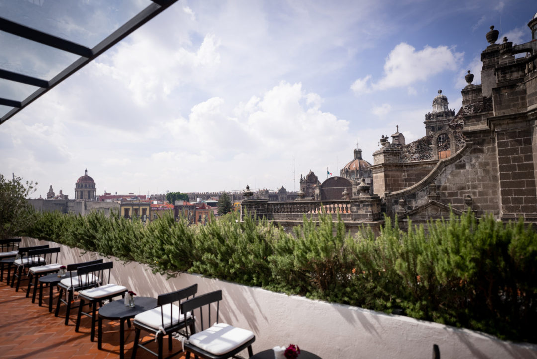 The rooftop at Círculo Mexicano Boutique hotel overlooking el Zocalo in Mexico City