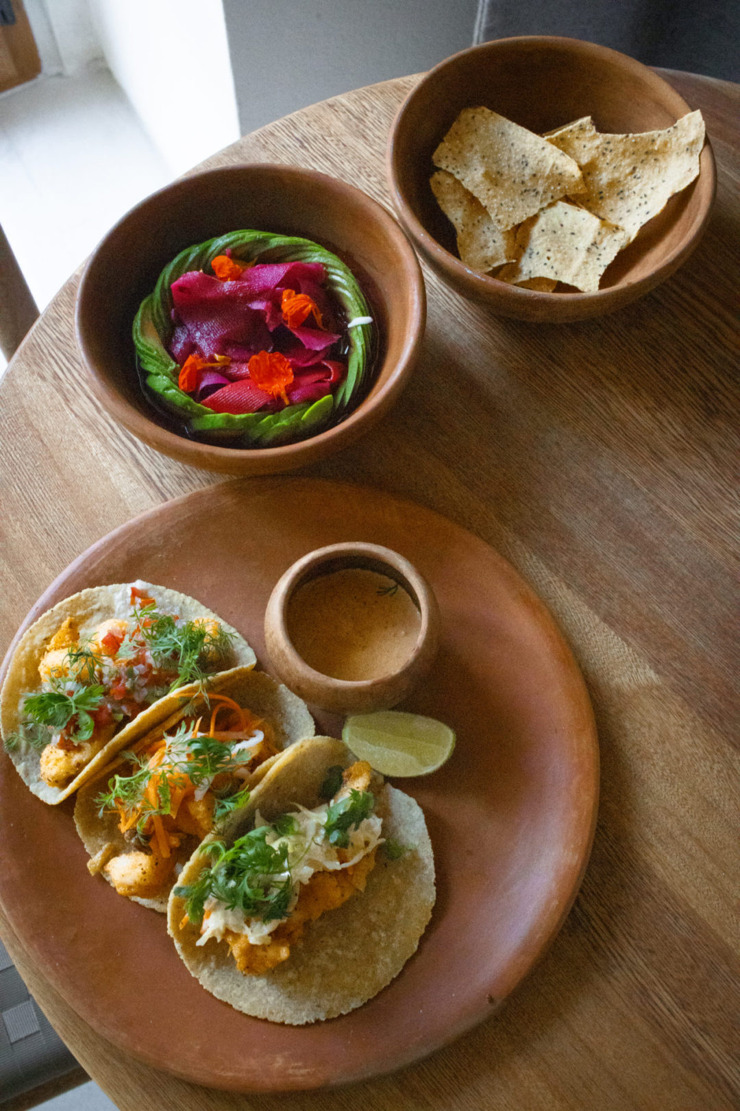 Tacos Baja and Aguachile Vegano from the Círculo Mexicano Boutique hotel in El Centro, CDMX, Mexico