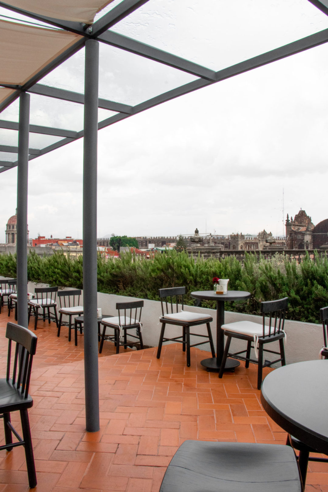 The rooftop at Círculo Mexicano Boutique hotel overlooking El Centro in Mexico City