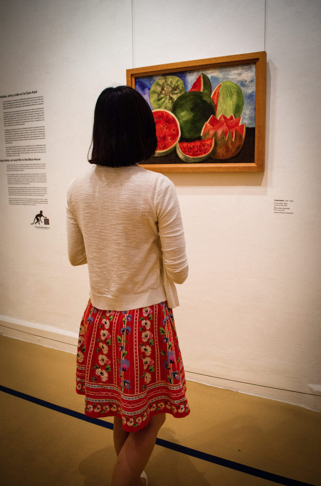 Travel Blogger Jordan Gassner viewing Frida Kahlo's famous "Viva La Vida" painting at the Frida Kahlo Museum in Coyoacán Mexico City