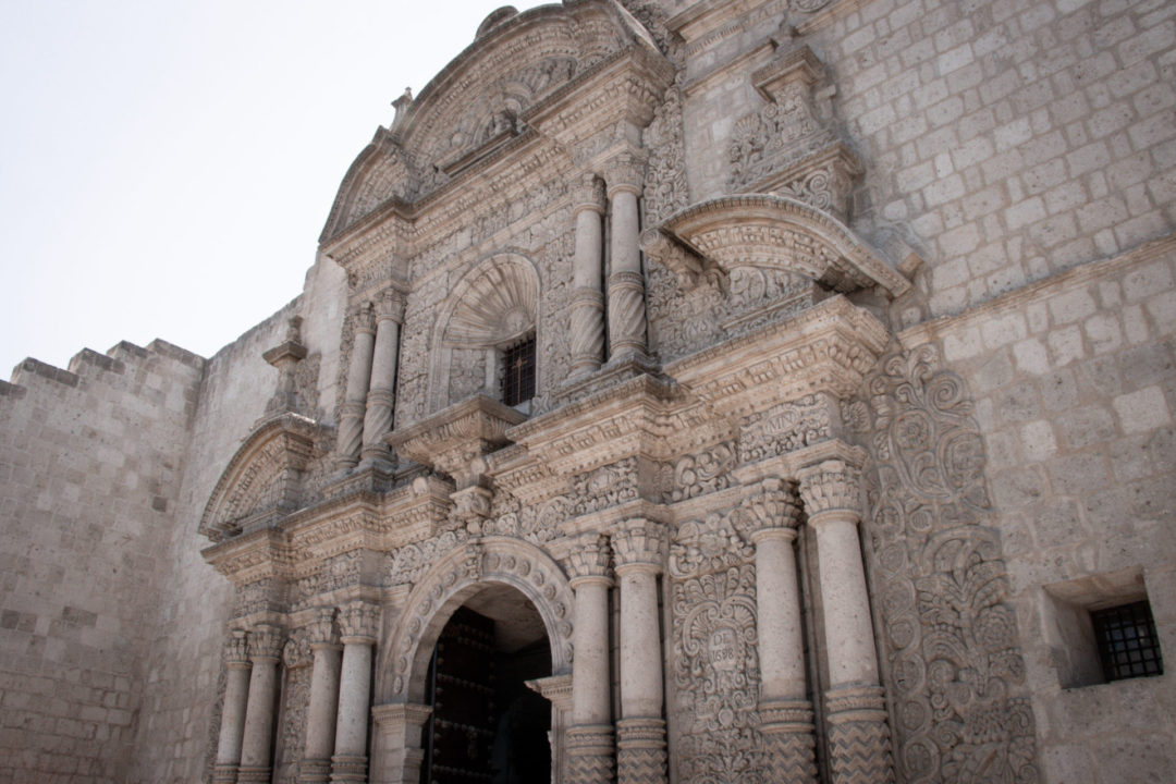 The detailed entrance of La Iglesia de la Compañía in Arequipa, Peru