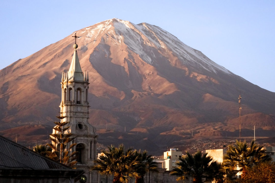 The top of El Misti Volcano away in the distance seen from Arequipa's city center