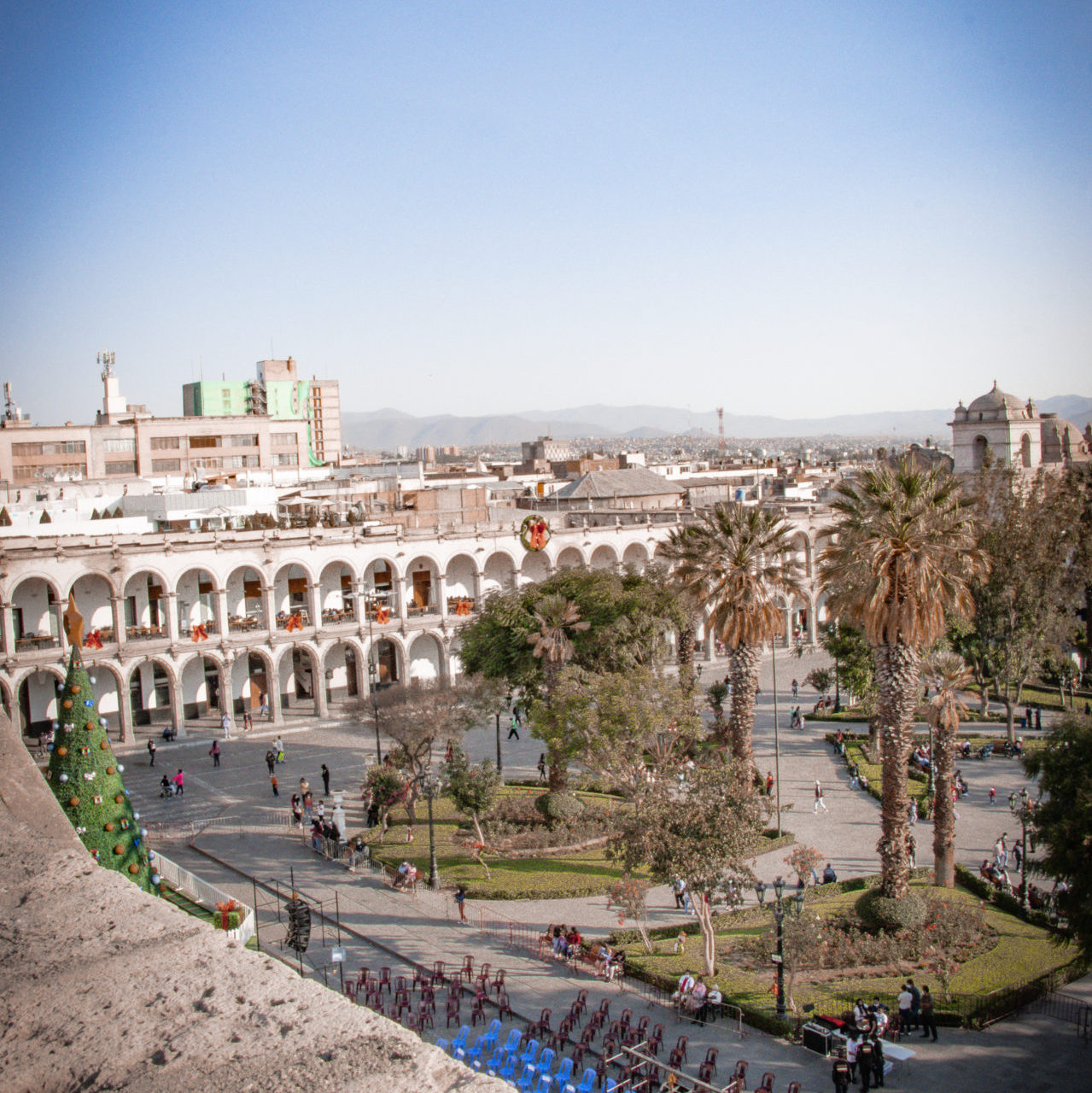 The view of Arequipa's Plaza de Armas from the top of the city's Basilica Cathedral