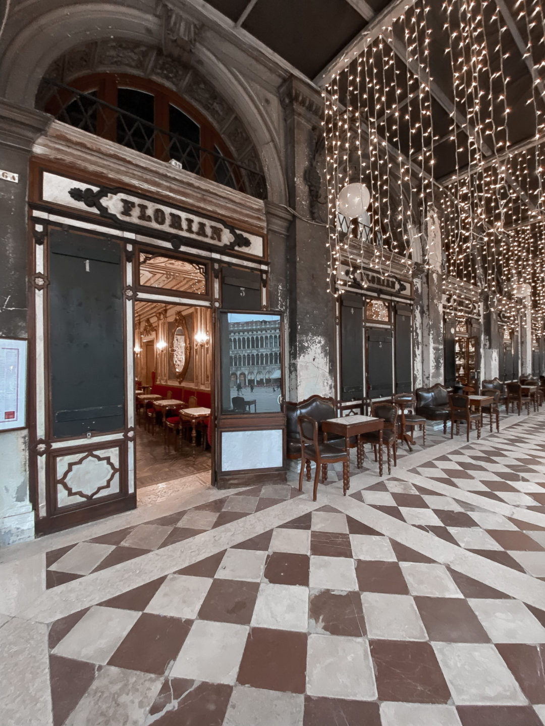 A world famous Caffè Florian decorated with Christmas lights in Venice, Italy