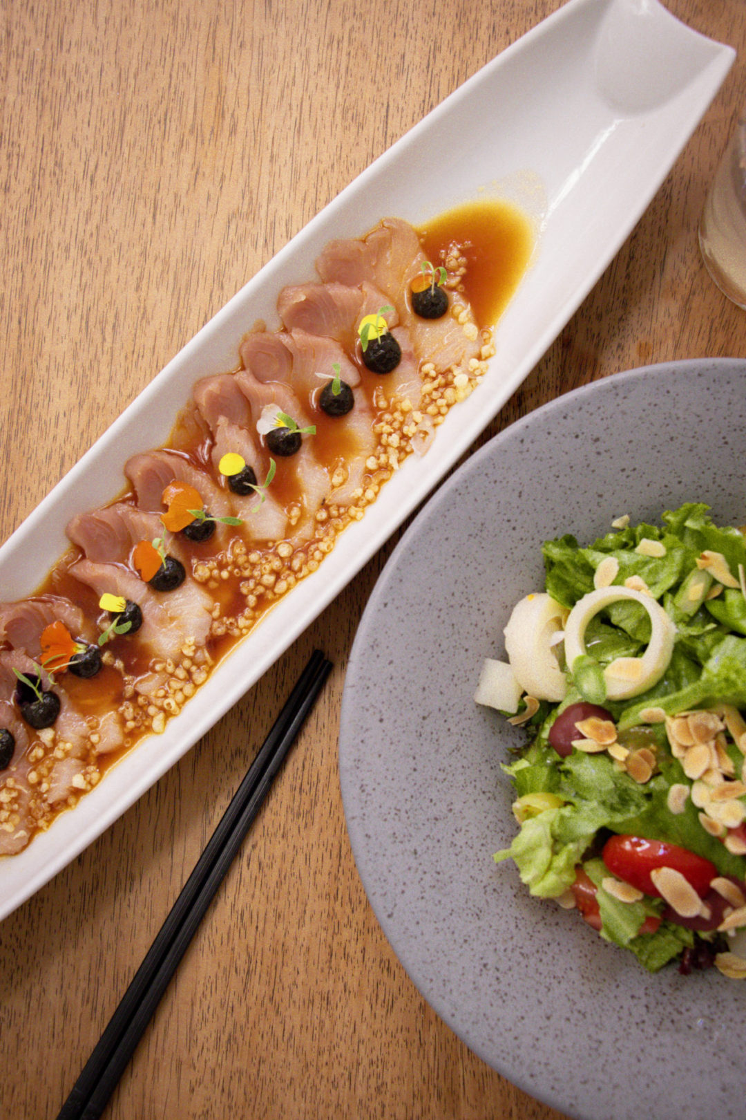 Crudo de Hamachi and Ensalada de la Casa from Blanco Colima: one of the best restaurants for eating dairy-free in Mexico City