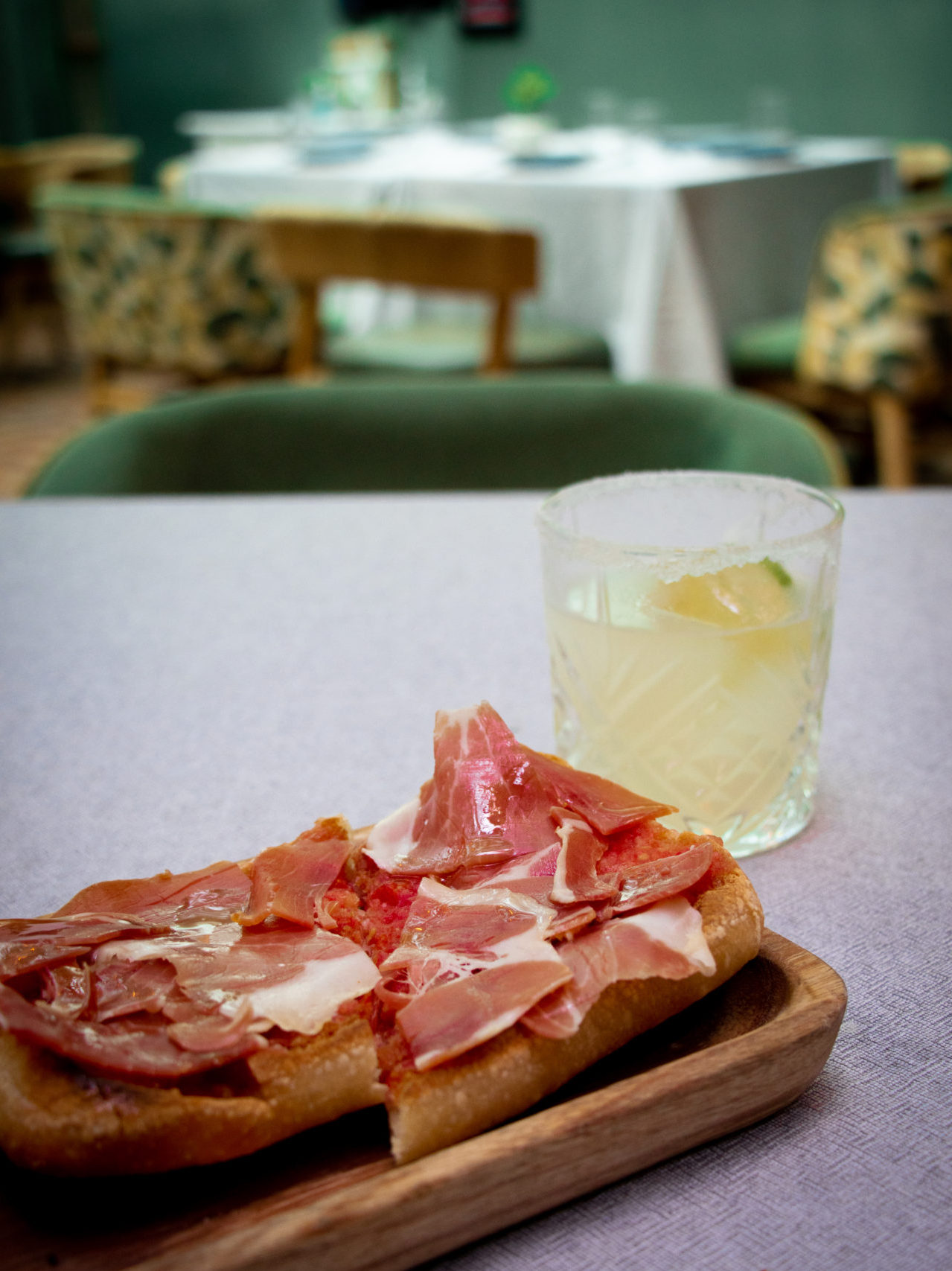 Pan Con Tomate with Jamón Ibérico and a margarita from Castizo in Condesa: a great restaurant for eating dairy-free in Mexico City