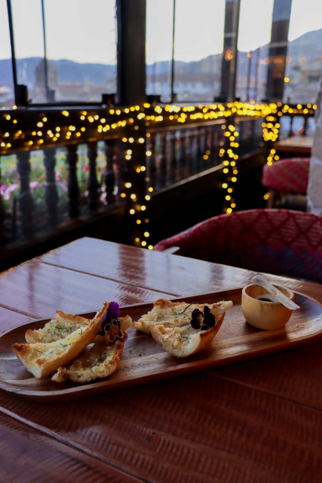A tray of bruschetta from Morena Peruvian Kitchen in Cusco's Plaza de Armas