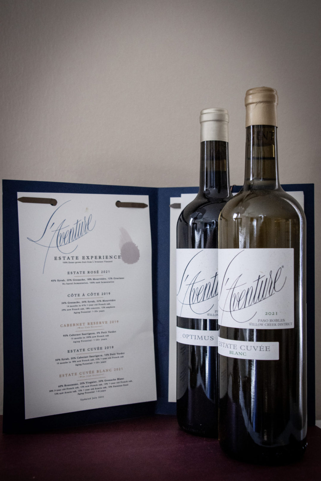 Two bottles of wine from and a wine tasting menu from L'Aventure Winery in Paso robles