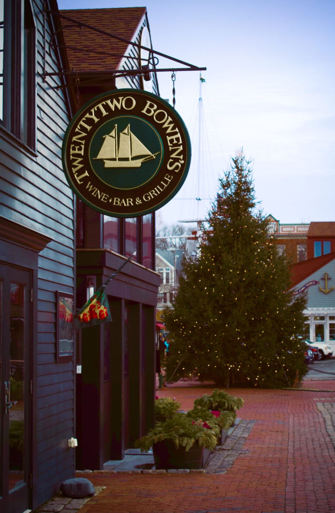 A lit-up Christmas tree near TwentyTwo Bowen's Wine Bar & Grill in Newport, Rhode Island