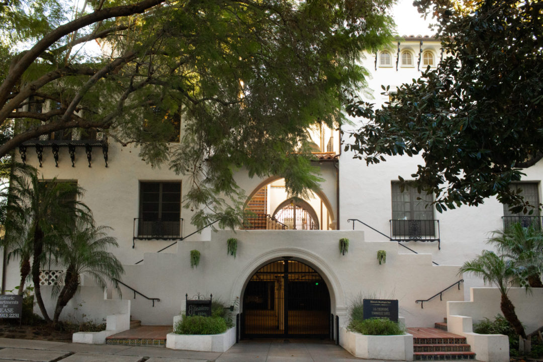 The edifice of the historic El Pasadero building in West Hollywood, California, USA