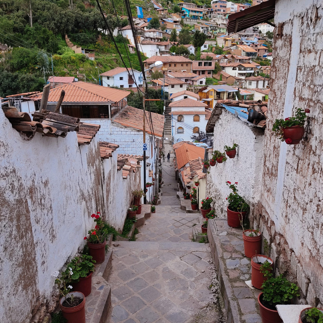 The top of the stairs at Calle Siete Borreguitos in Cusco, Peru
