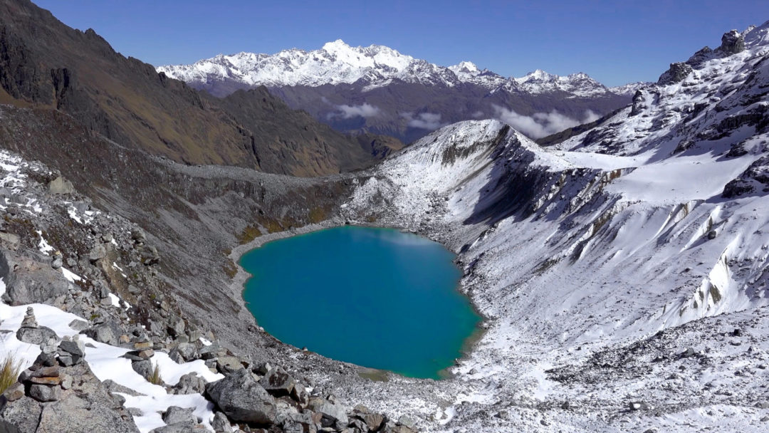 An aerial view of Humantay Lake, one of the many amazing day trips from Cusco