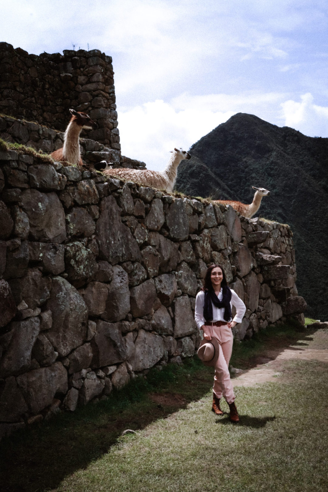 Travel Blogger Jordan Gassner standing and smiling in front of a terrace with three llamas resting and eating grass in Machu Picchu, Peru