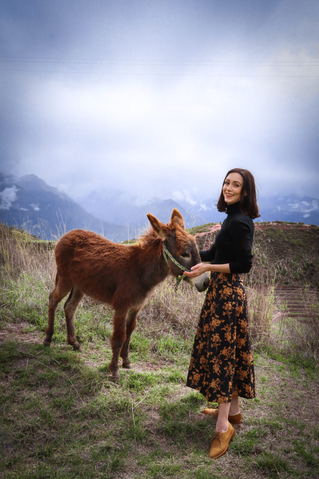 Travel Blogger Jordan Gassner smiling and petting a donkey at the Moray Archeological Site in Peru's Sacred Valley