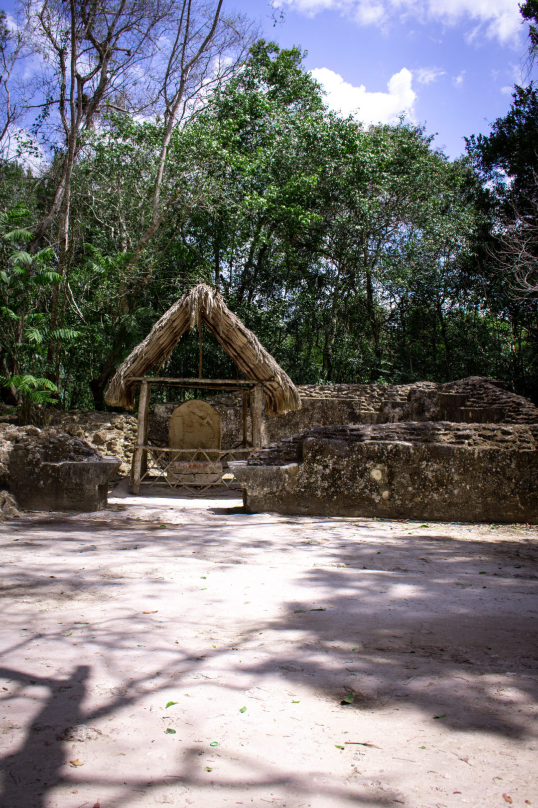 A straw thatched roof structure on an open dirt area inside Tikal National Park