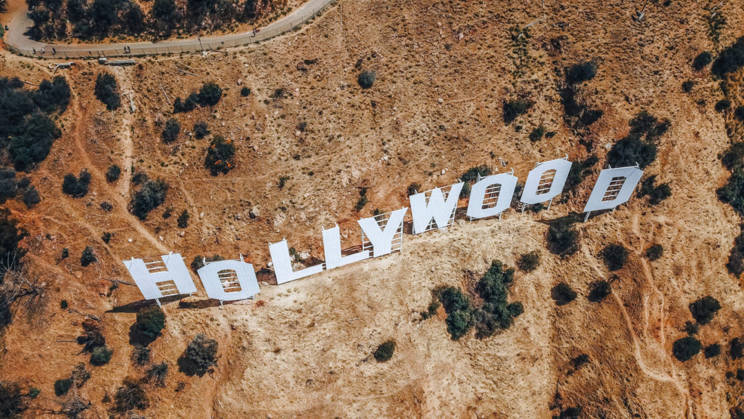 An aerial shot from above the Hollywood Sign
