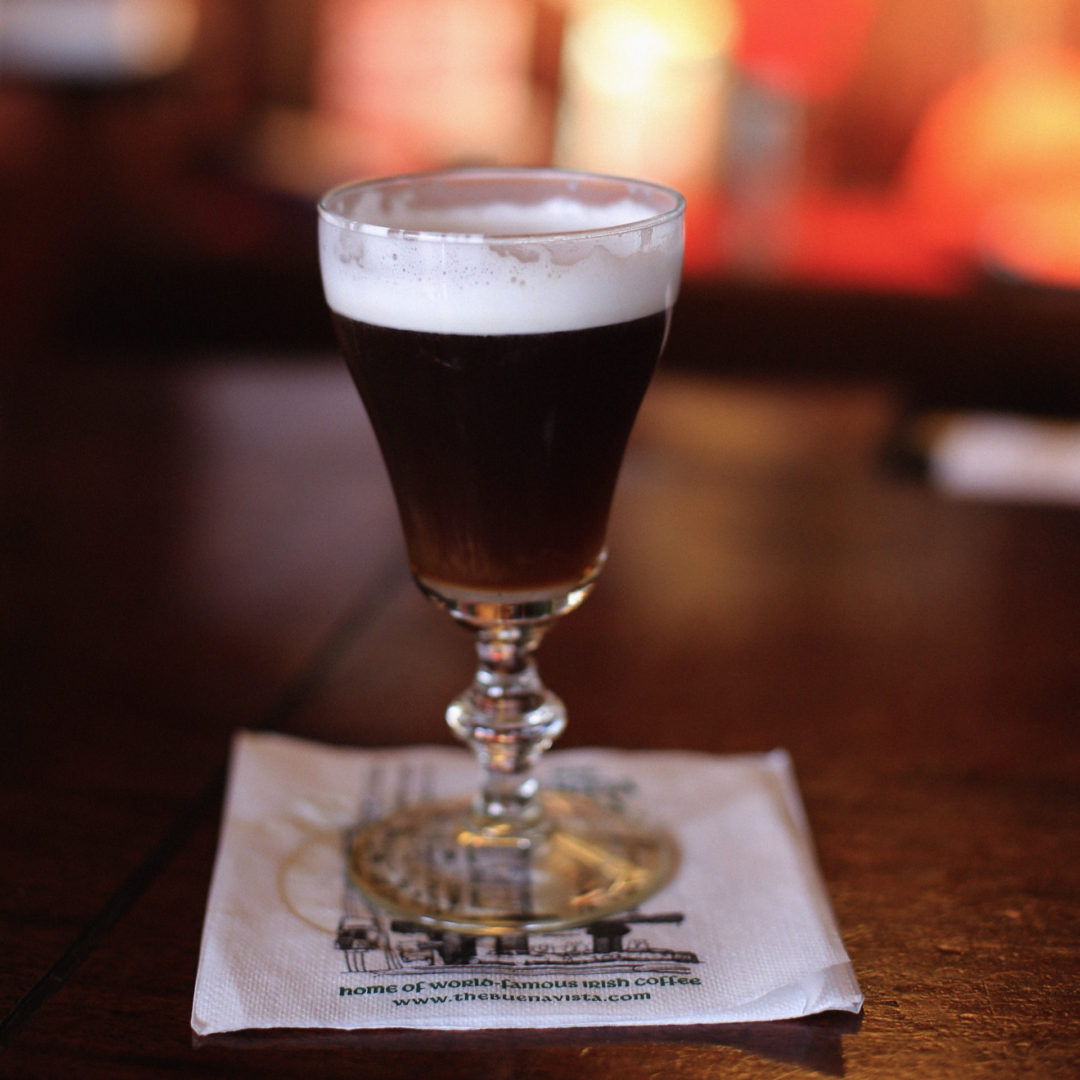 A glass filled with the World-Famous Irish Coffee from the Buena Vista Cafe in San Francisco