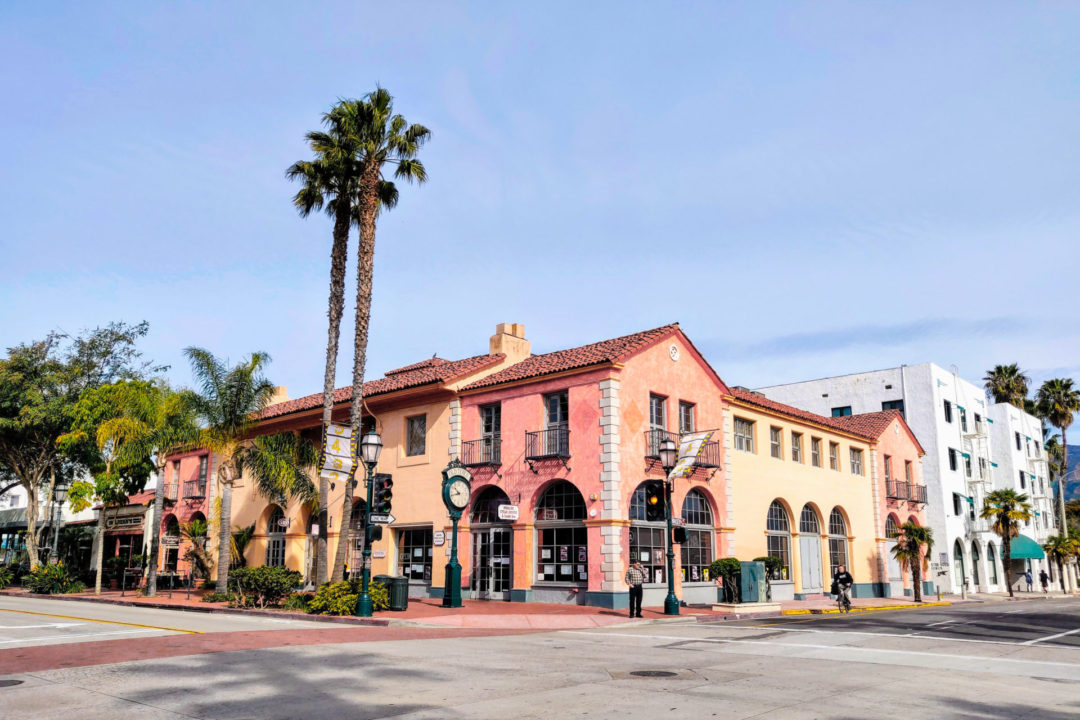 A colorful row of shops in Santa Barbara, California