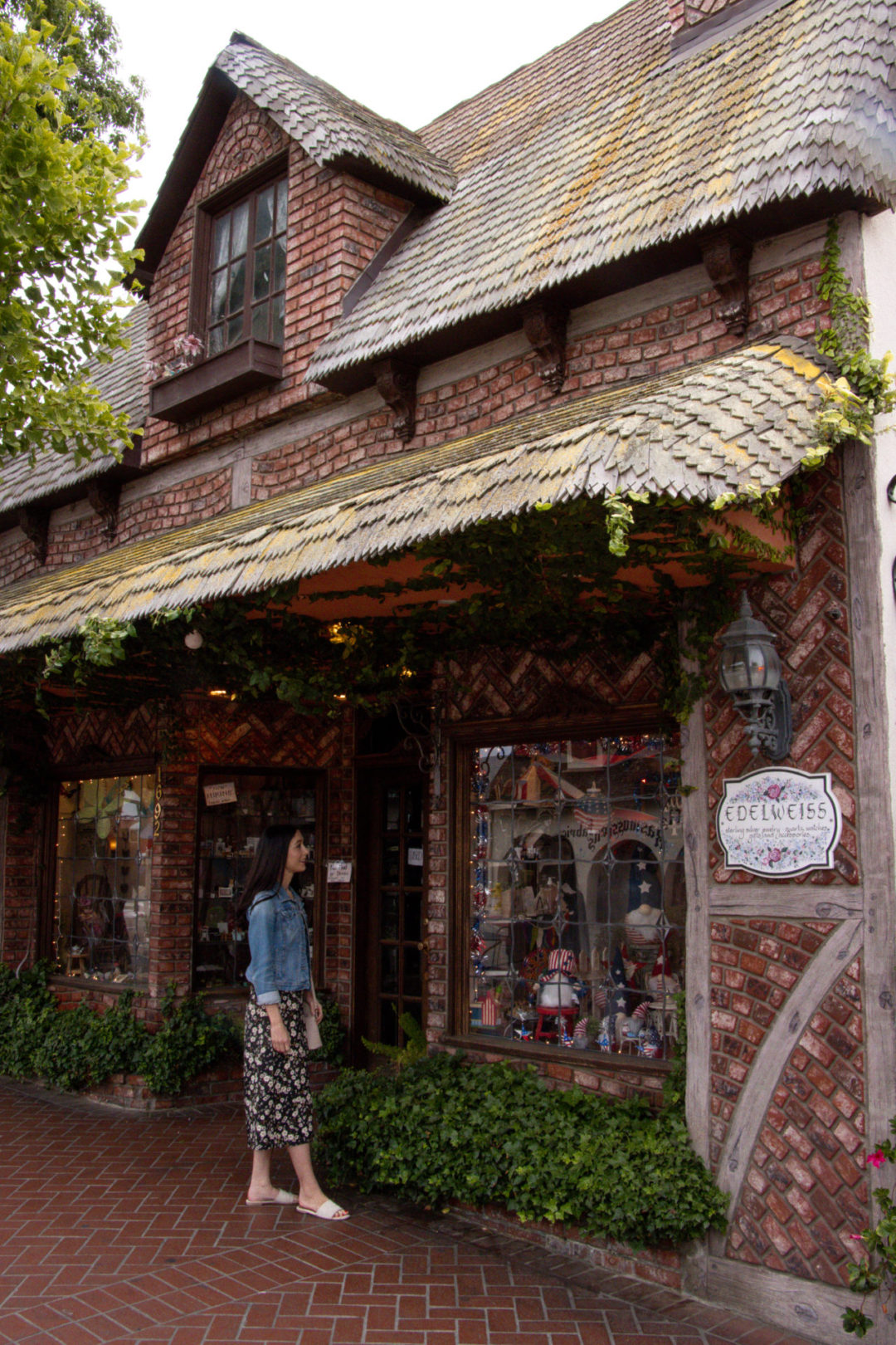 Travel Blogger Jordan Gassner looking into the window of the Edelweiss Store on Copenhagen Drive in Solvang, California