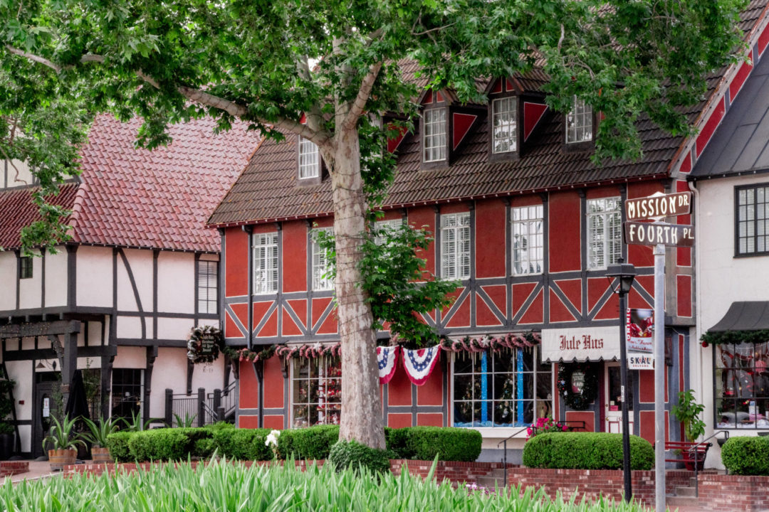 Traditional Danish buildings lining the cross-streets of Mission Dr and Fourth Place in Solvang, California, USA