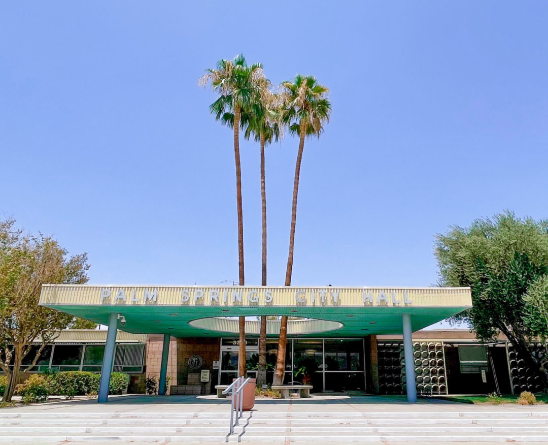 An empty Palm Springs City Hall on a clear blue day in Southern California