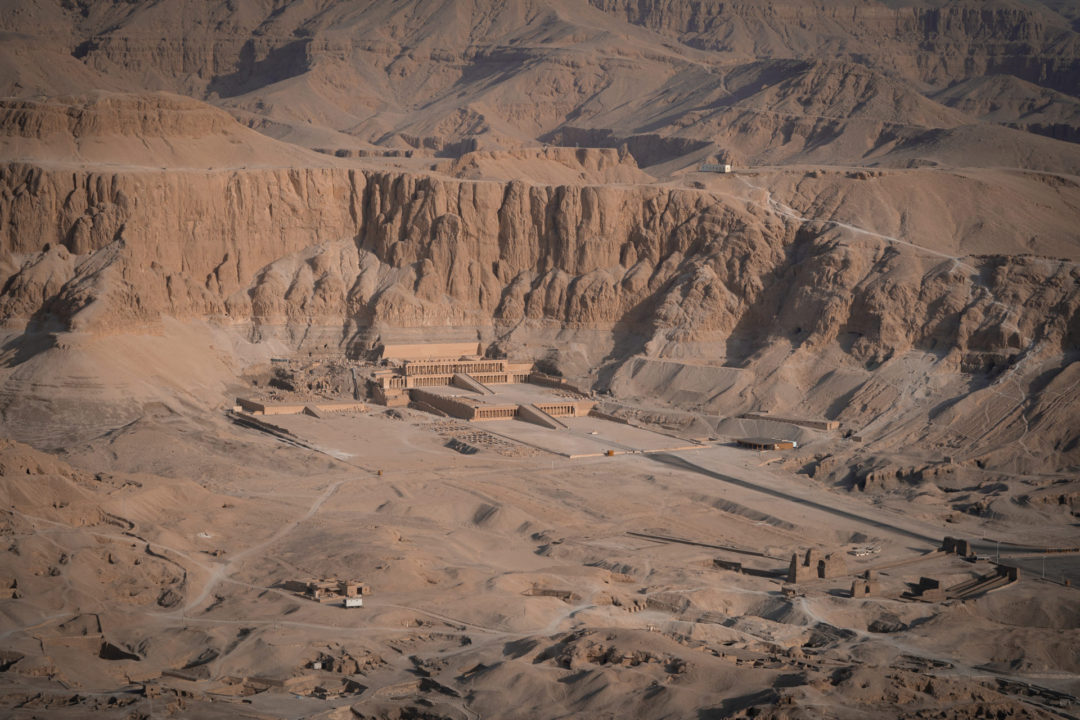 An aerial view of the Temple of Hatshepsut next to Luxor's Valley of the Kings