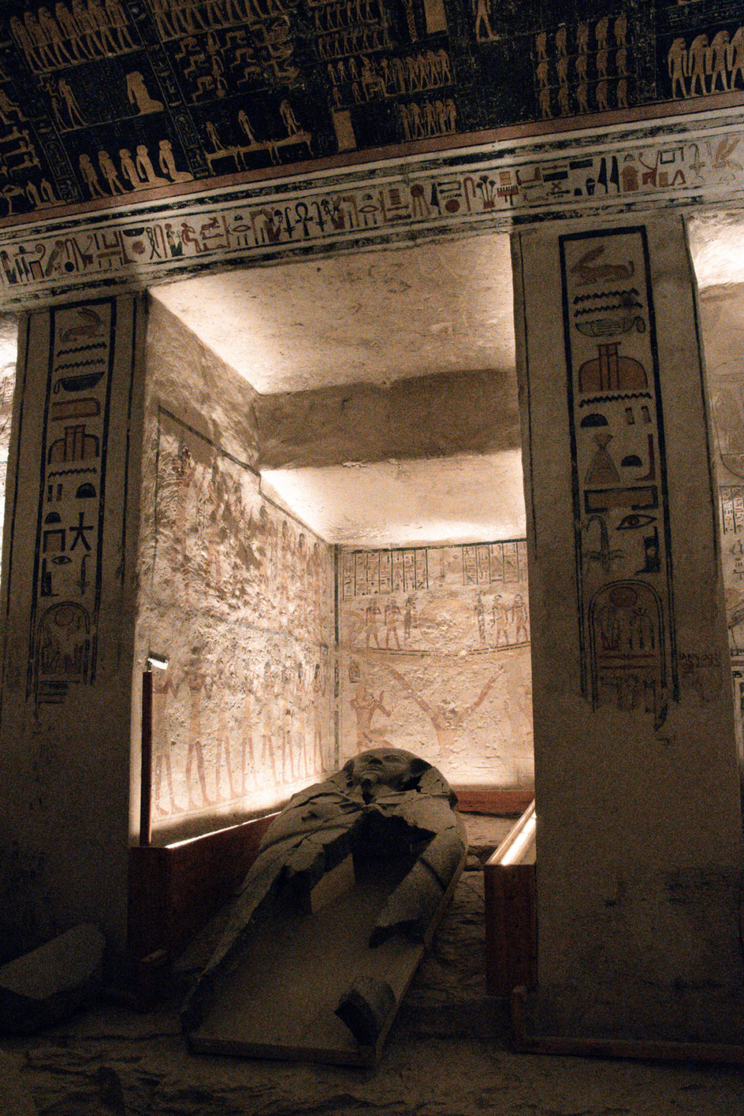 A broken sarcophagus sitting inside the burial chamber of KV9 Tomb in Valley of the Kings