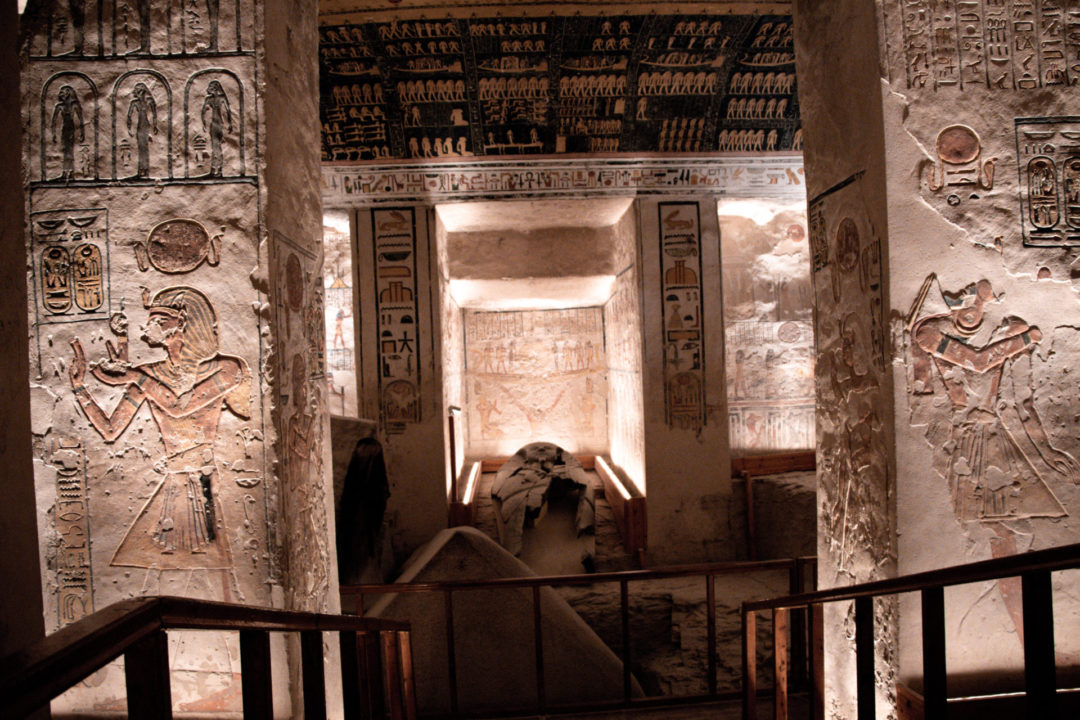 A broken sarcophagus inside the burial chamber of The Tomb of Ramses V and Ramses VI in Egypt's Valley of the Kings