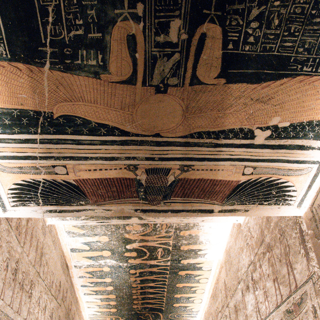 Intricate and colorful hieroglyphs on the ceiling of Egypt's KV9 Tomb in Valley of the Kings