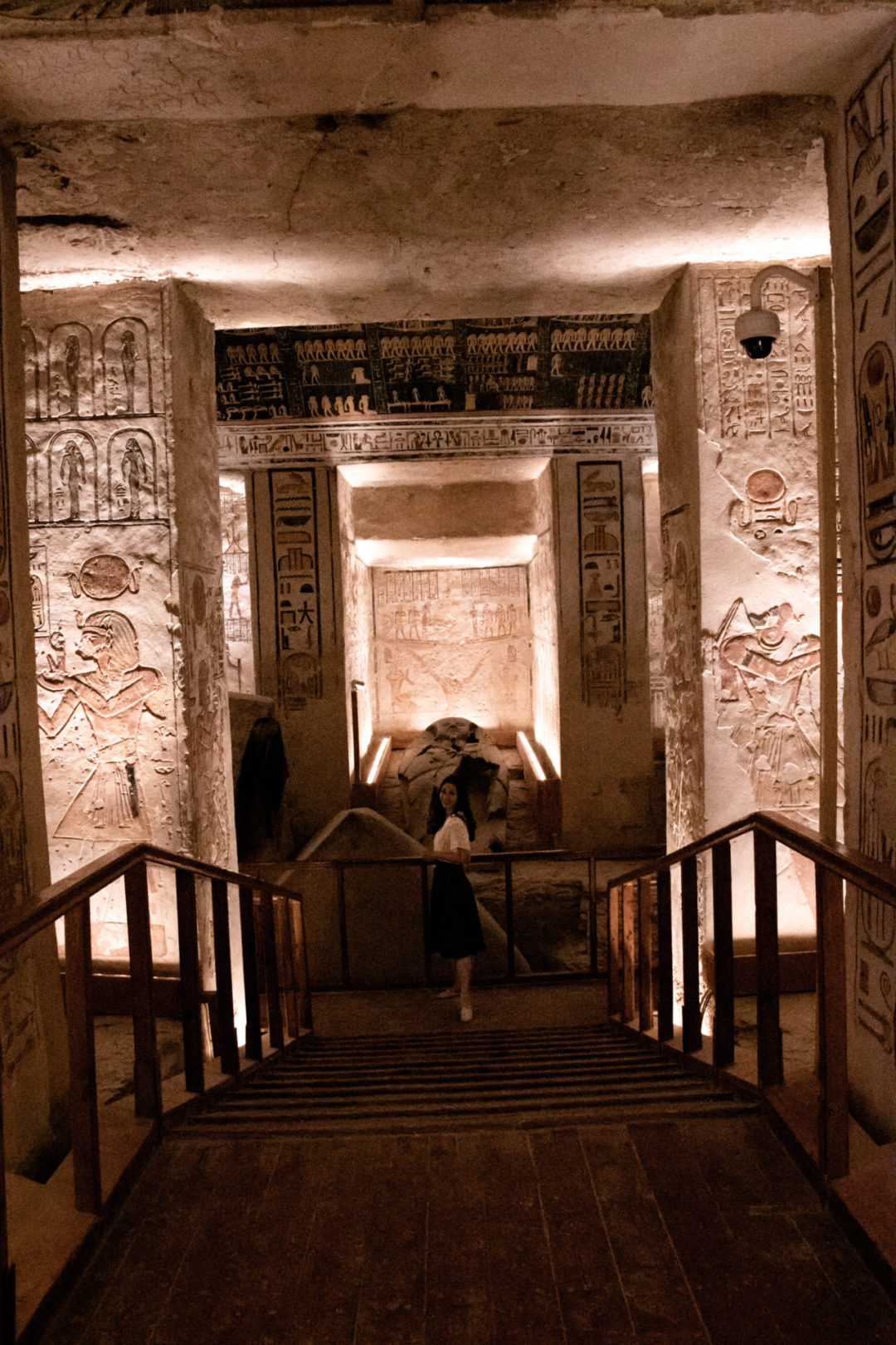Travel Blogger Jordan Gassner standing in front of a sarcophagus inside the burial chamber of KV9 Tomb in Egypt's Valley of the Kings