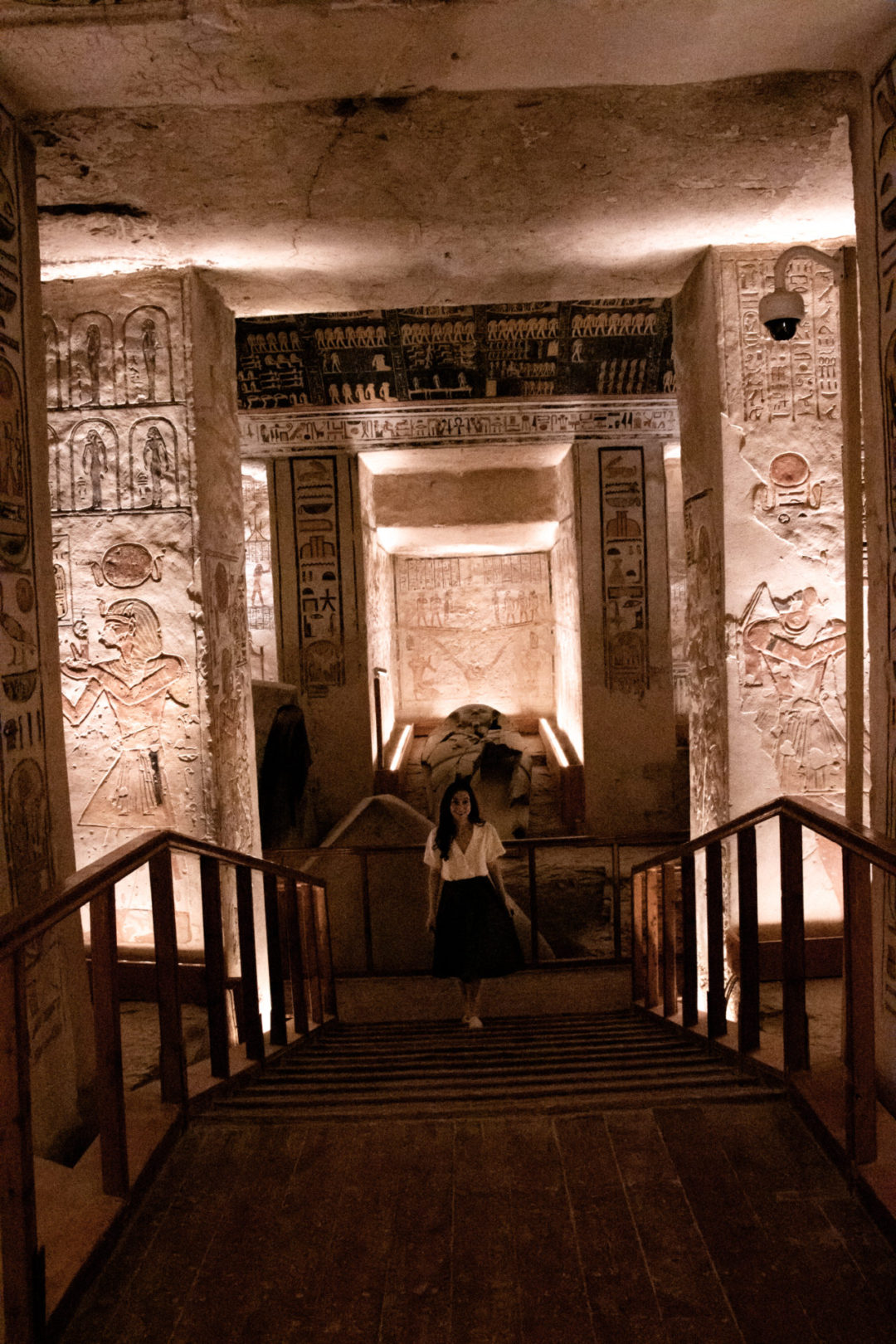 Travel Blogger Jordan Gassner walking inside the burial chamber of KV9 Tomb in Luxor, Egypt's Valley of the Kings