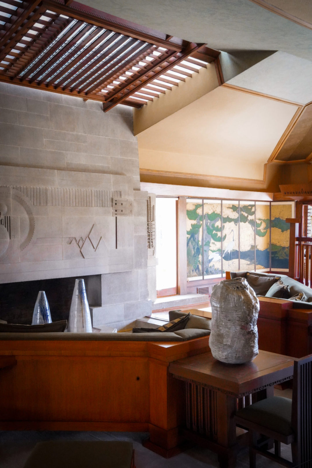 The "Mayan Tile" inspired fireplace in the Hollyhock House living room