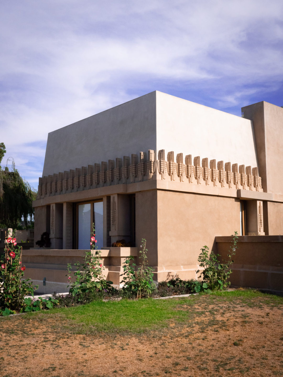 The exterior of the Hollyhock House as seen from Barnsdall Park in Los Angeles, California, USA