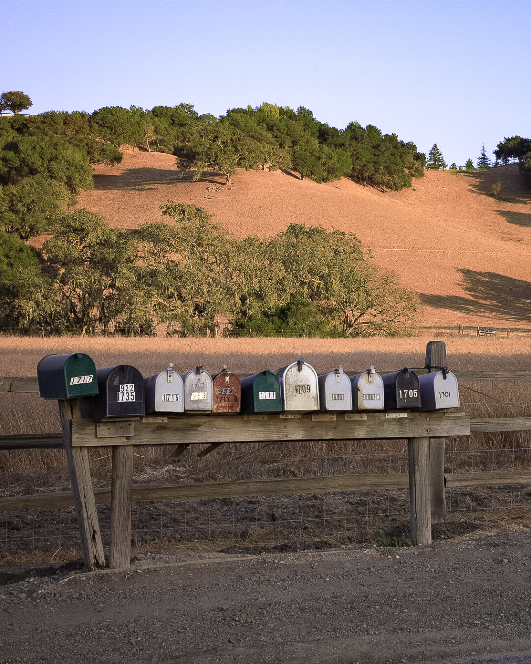 Mailboxes under a country hill near Los Olivos, California