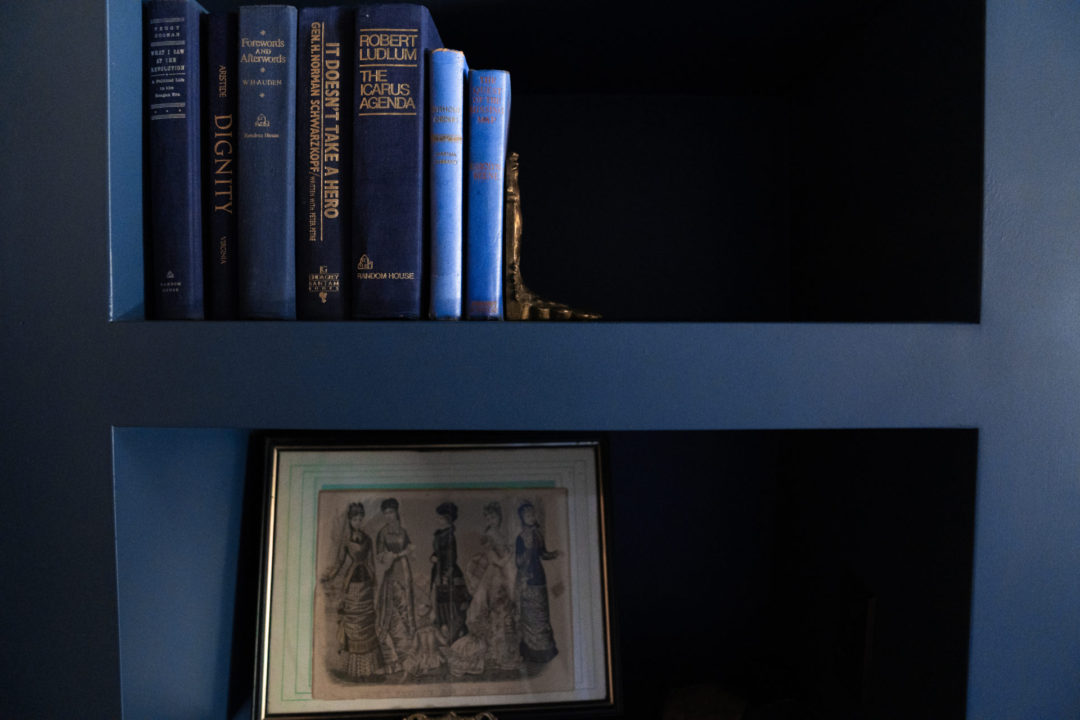 A blue bookshelf with a mix of hardcover books and a sketch of Victorian women in Lucille's Manor at the Noble and Proper Hotel