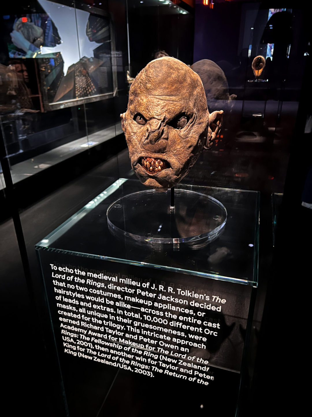 An orc mask from Lord of the Rings inside The Academy Museum of Motion Pictures in Los Angeles, California