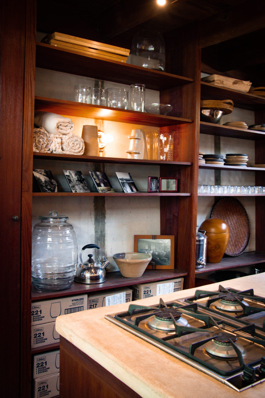 The burners and cabinetry inside the historic Schindler House Kitchen in West Hollywood, California
