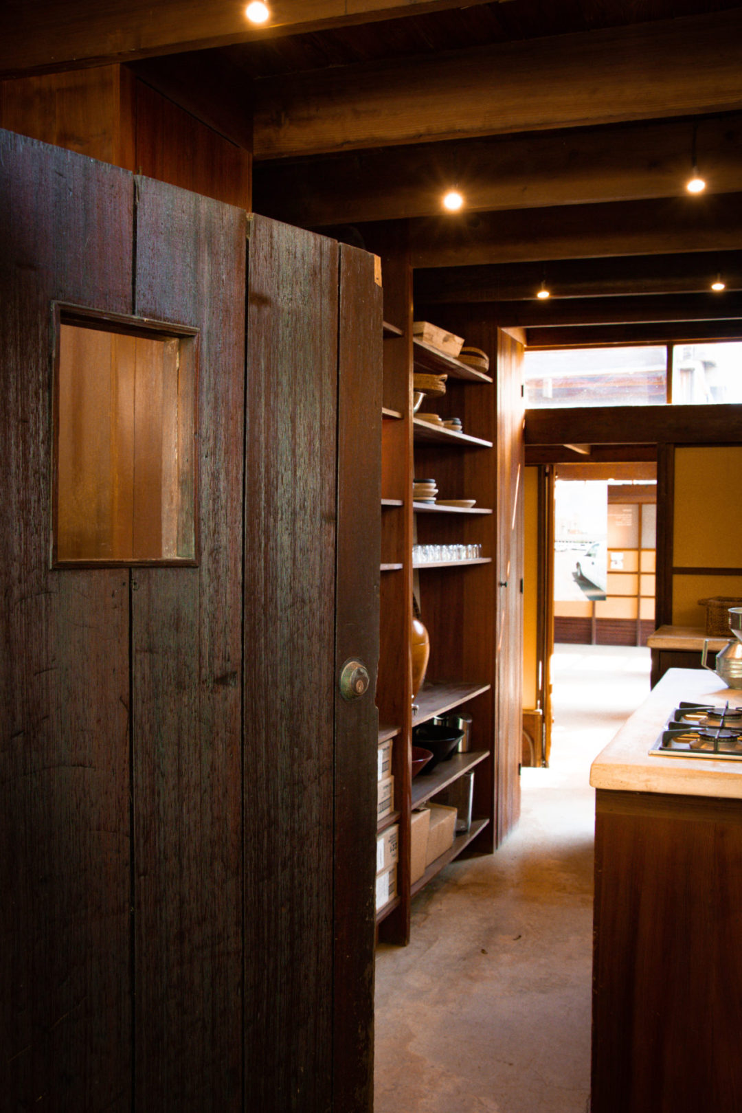 A door leading into the kitchen of the historic Schindler House in West Hollywood, California